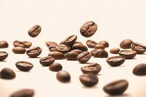 Falling coffee beans and freshly roasted coffee beans on beige background. photo