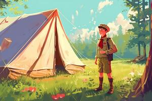 Generative AI illustration of boyscout camping in summer with tent and beautiful sun. Happy boy scout sitting near tent. Camping and outdoor. photo