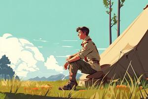 illustration of boyscout camping in summer with tent and beautiful sun. Happy boy scout sitting near tent. Camping and outdoor. photo