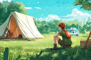 illustration of boyscout camping in summer with tent and beautiful sun. Happy boy scout sitting near tent. Camping and outdoor. photo