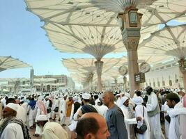 Medina, Saudi Arabia, May 2023 - A beautiful daytime view of Masjid Al Nabawi, Medina's outer courtyard, pilgrims and mosque canopies. photo