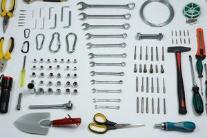 Set of tools for repair in a case on a white background. Assorted work or construction tools. Wrenches, Pliers, screwdriver. Top view photo