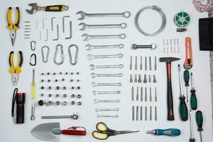 Set of tools for repair in a case on a white background. Assorted work or construction tools. Wrenches, Pliers, screwdriver. Top view photo