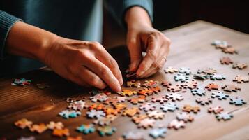 A person's hands assembling a jigsaw puzzle, with puzzle pieces scattered on a table. photo