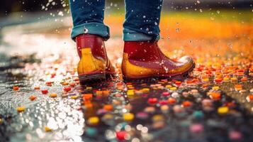 un par de vistoso lluvia botas salpicaduras mediante charcos en un lluvioso día. ai generado foto