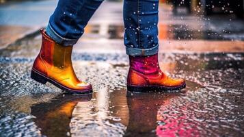 un par de vistoso lluvia botas salpicaduras mediante charcos en un lluvioso día. ai generado foto