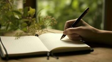 un persona escritura en un cuaderno o diario con un bolígrafo, capturar su pensamientos o ideas en un tranquilo ajuste. ai generado foto