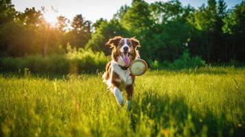 Dog running after flying disc while playing. photo