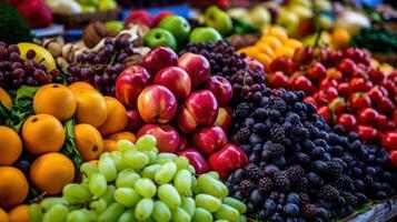 un de cerca Disparo de Fresco frutas y vegetales arreglado en un vibrante monitor a un local agricultores mercado. ai generado foto