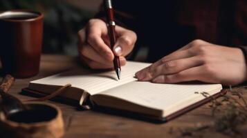 un persona escritura en un cuaderno o diario con un bolígrafo, capturar su pensamientos o ideas en un tranquilo ajuste. ai generado foto