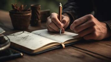 un persona escritura en un cuaderno o diario con un bolígrafo, capturar su pensamientos o ideas en un tranquilo ajuste. ai generado foto