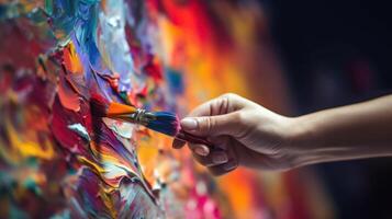 A close-up shot of a hand holding a paintbrush and creating colorful strokes on a canvas, showcasing artistic expression. AI generated photo
