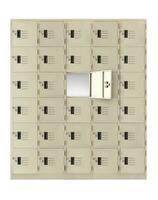 Deposit locker boxes or gym lockers inside of a room with one central opened door photo