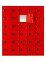 Deposit red locker boxes or gym lockers inside of a room with one central opened door photo