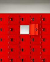 Deposit red locker boxes or gym lockers inside of a room with one central opened door photo