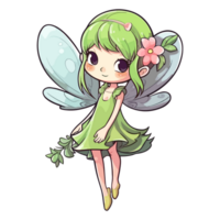 une dessin animé de une Fée avec vert ailes et une fleur sur sa tête ai génératif png