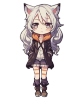 Anime Girl with a Black Jacket and White Fur on Her Ears png