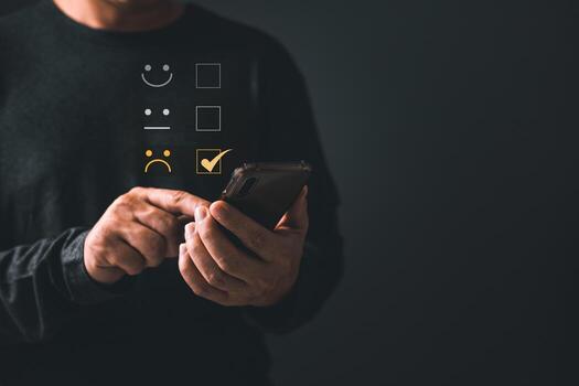 man use smartphone give unhappy client with Sadness Emotion Face. Customer Experience dissatisfied Concept, bad service dislike bad quality, low rating, Bad review, social media not good. photo