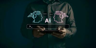 hombre utilizar tableta mando rápido ai charlar. grande datos almacenamiento.digital artificial inteligencia ai tecnología ruptura concepto. nosotros son implementar almacenamiento tecnología apoyo en el negocio. foto