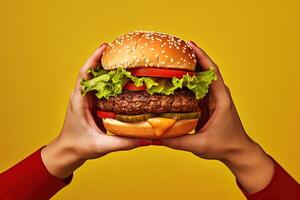 Hands holding a hamburger isolated on yellow background. photo