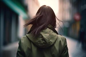 a woman in a trench coat walking down a street. photo