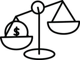 Black line art illustration of Money coin with balance scale icon. vector