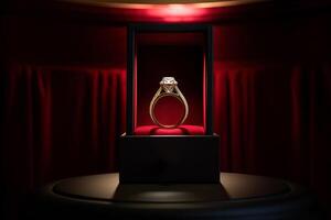 elegant diamond wedding ring in a box with a red theme. photo