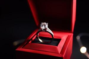 elegant diamond wedding ring in a box with a red theme. photo