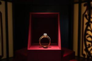 elegante diamante Boda anillo en un caja con un rojo tema. ai generado foto