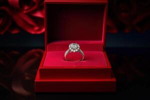 elegante diamante Boda anillo en un caja con un rojo tema. ai generado foto