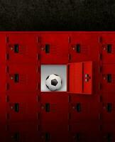 Soccer ball in red locker or old locker in room concept of strength, endurance photo