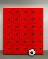 Red locker or gym locker and soccer ball inside room photo