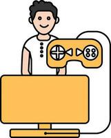 Happy Young Boy With Game Controller Connect Monitor Icon In Yellow And White color. vector