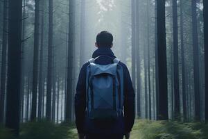 Back view young man with a backpack standing the forest. Freedom and nature concept. photo