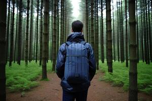 Back view young man with a backpack standing the forest. Freedom and nature concept. photo