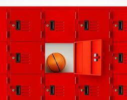 Basketball in a red locker or an open gym locker. photo