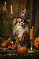 Small Dog Dressed Up on Halloween Festive Party Close Up. photo