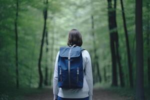 Back view young woman with a backpack standing in the forest. Freedom and nature concept. photo