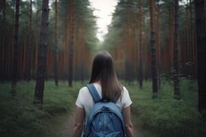 Back view young woman with a backpack standing in the forest. Freedom and nature concept. photo