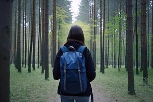 Back view young woman with a backpack standing in the forest. Freedom and nature concept. photo