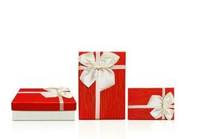 Red and white gift box with white ribbon isolated on white background photo