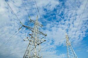 High-voltage power lines at sunset. Electricity distribution station.  electricity pylons on the background of the sky photo