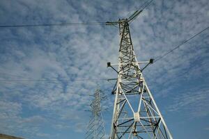 High-voltage power lines at sunset. Electricity distribution station.  electricity pylons on the background of the sky photo