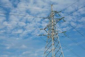 High-voltage power lines at sunset. Electricity distribution station.  electricity pylons on the background of the sky photo