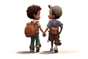 Two cute black brothers walking down the road one big and another small showing affection and care, disney style, cartoon, white background, back towards the camera photo