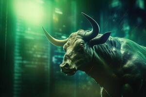 Stock market bull market trading Up trend of graph green background rising price . photo