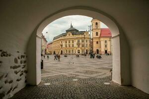 Medieval street with historical buildings in the heart of Romania. Sibiu the eastern European citadel city. Travel in Europe photo