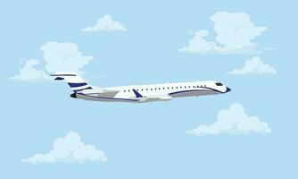 Airplane in the sky. The plane is flying between the clouds. Flat illustration vector