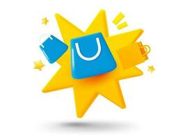 Shopping bags with explosion effect. 3d vector mobile application icon with notification