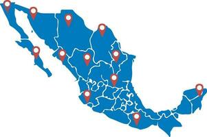 mexico mapa modelo vector infografía con regiones y puntero señales